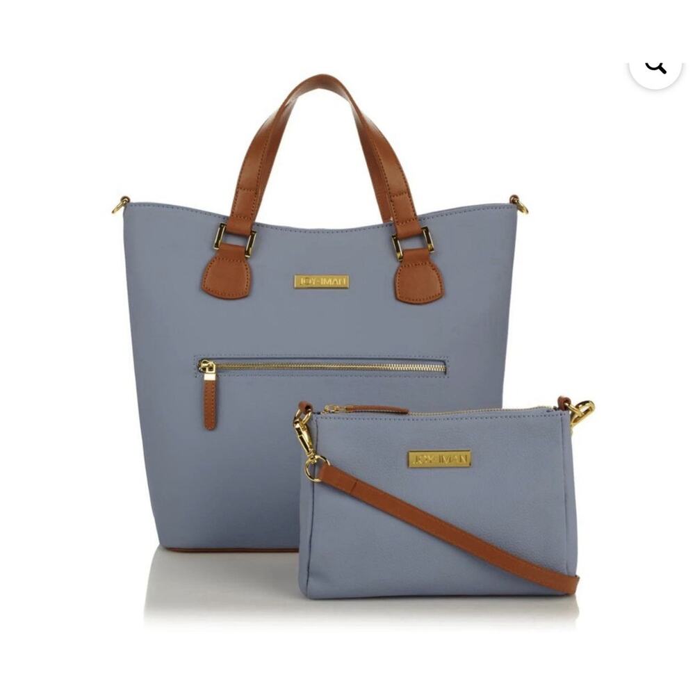 JOY & IMAN Periwinkle Blue Leather Tote Crossbody 2Pc Set NWOT